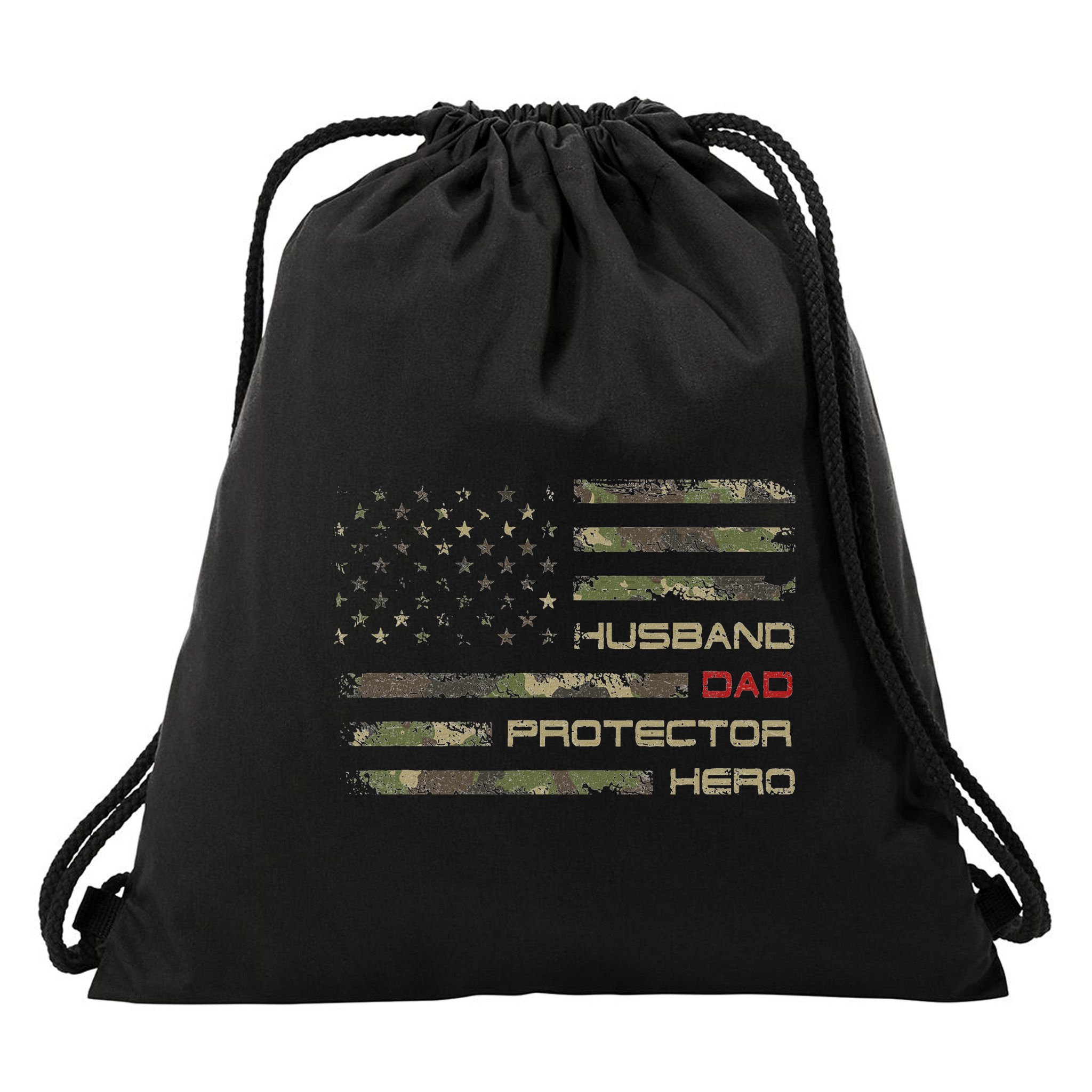 Camouflage American Flag Husband Dad Protector Hero Father Drawstring Bag