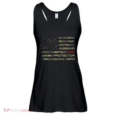 Camouflage American Flag Husband Dad Protector Hero Father Ladies Essential Flowy Tank