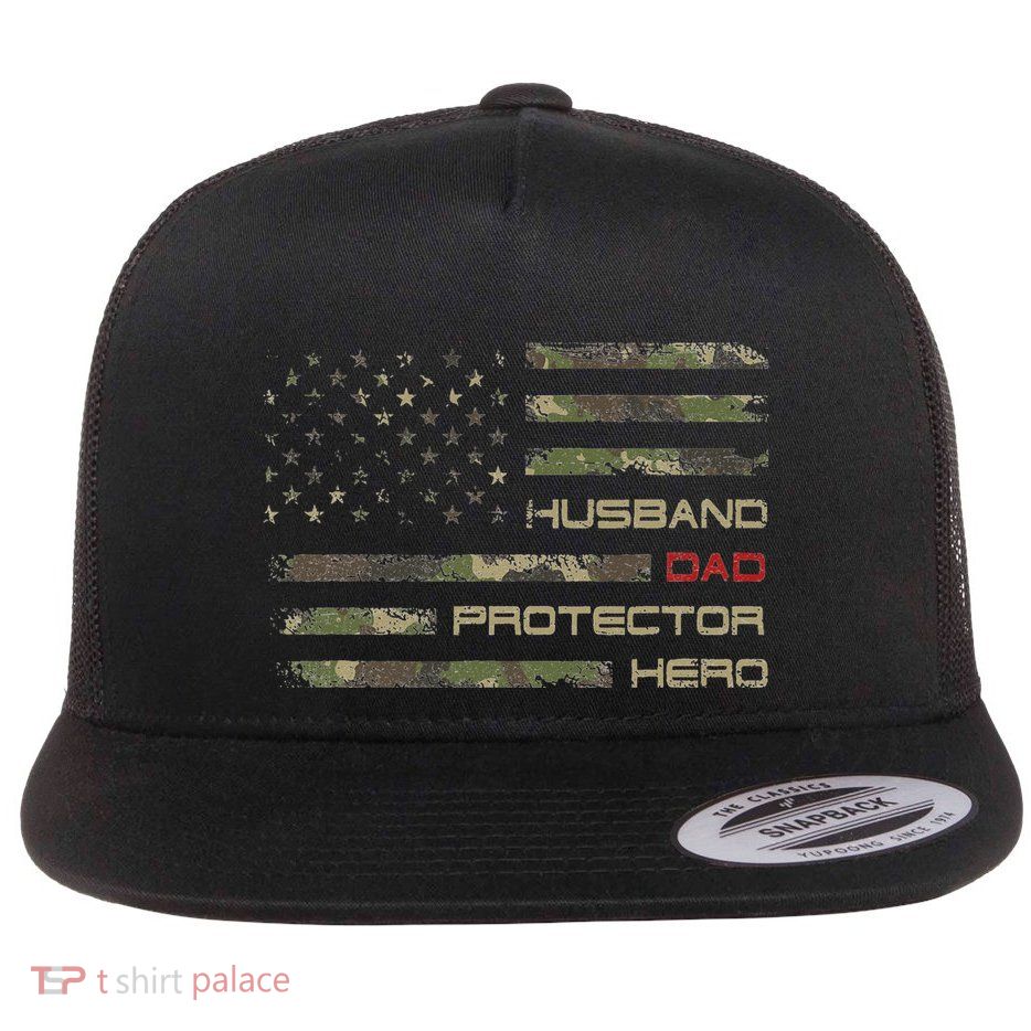 Camouflage American Flag Husband Dad Protector Hero Father Flatbill Hat