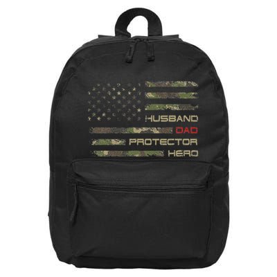 Camouflage American Flag Husband Dad Protector Hero Father 16 in Basic Backpack