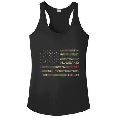 Camouflage American Flag Husband Dad Protector Hero Father Ladies PosiCharge Competitor Racerback Tank