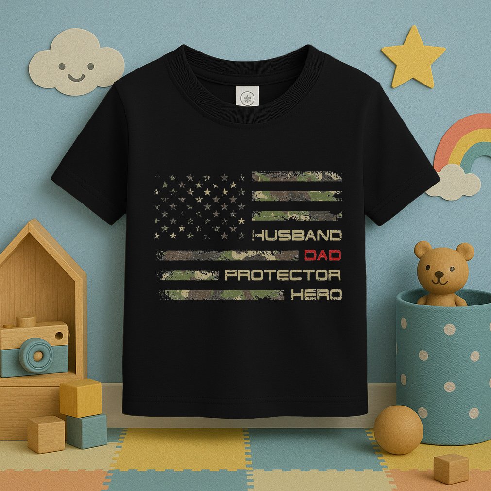 Camouflage American Flag Husband Dad Protector Hero Father Toddler T-Shirt