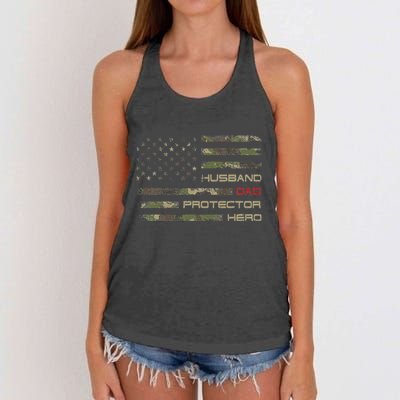 Camouflage American Flag Husband Dad Protector Hero Father Women's Knotted Racerback Tank