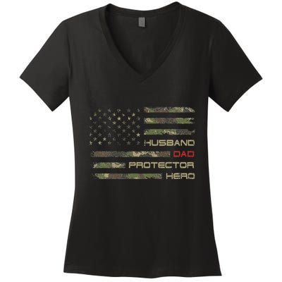 Camouflage American Flag Husband Dad Protector Hero Father Women's V-Neck T-Shirt