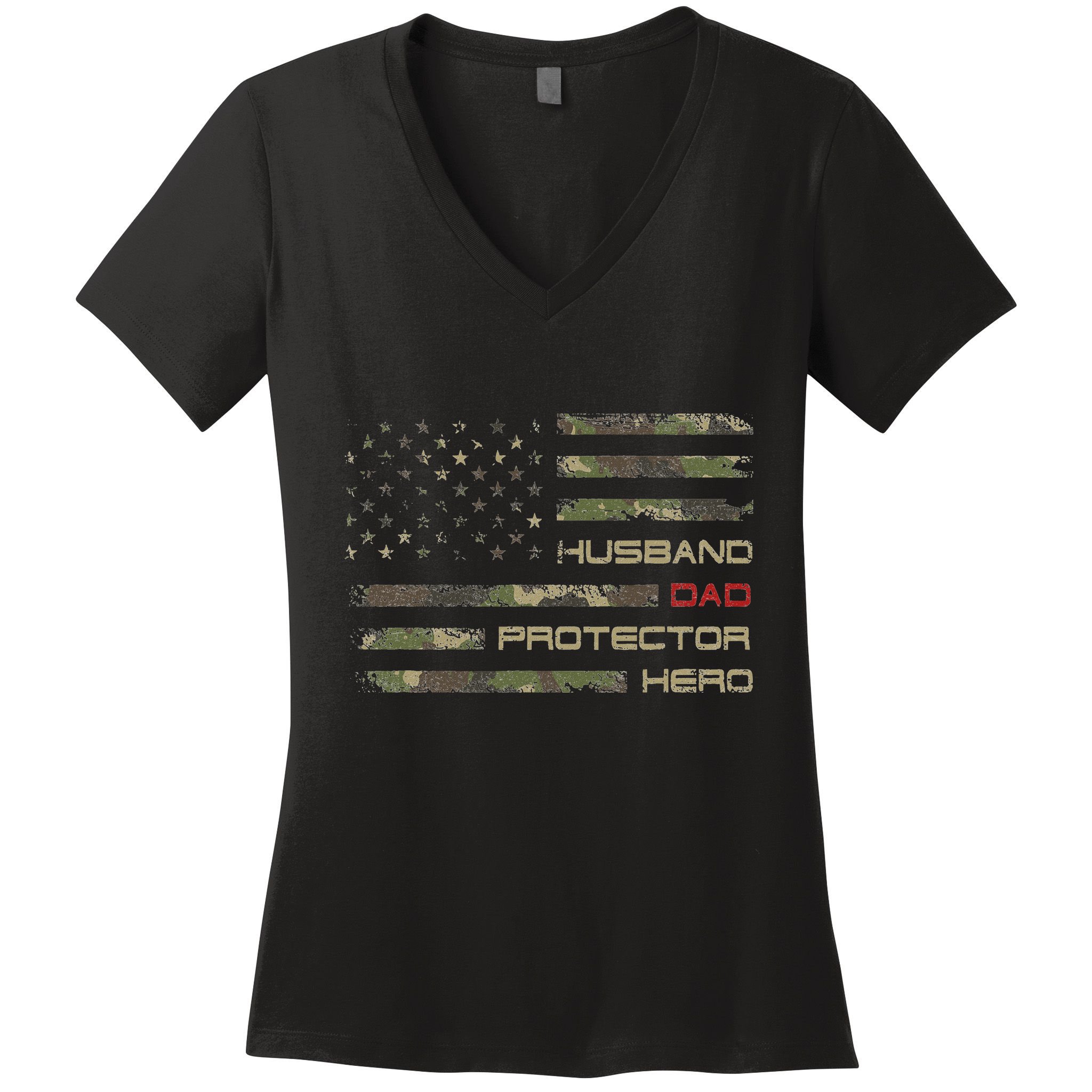 Camouflage American Flag Husband Dad Protector Hero Father Women's V-Neck T-Shirt