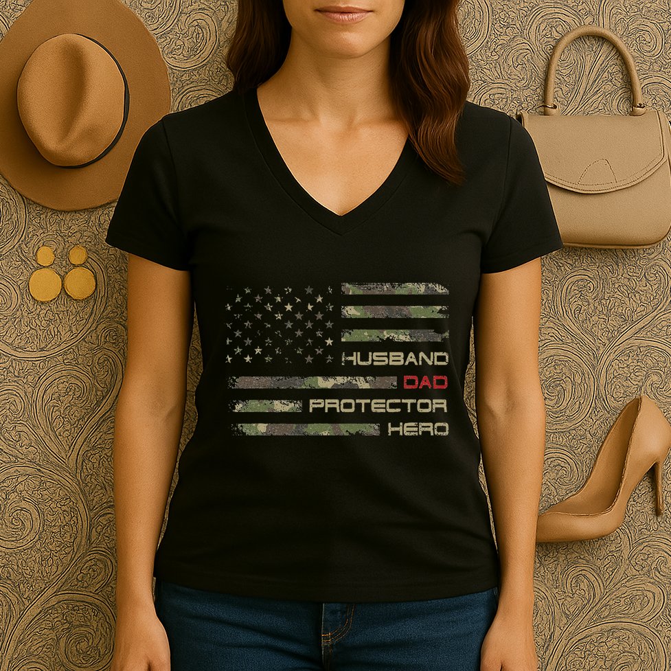 Camouflage American Flag Husband Dad Protector Hero Father Women's V-Neck T-Shirt
