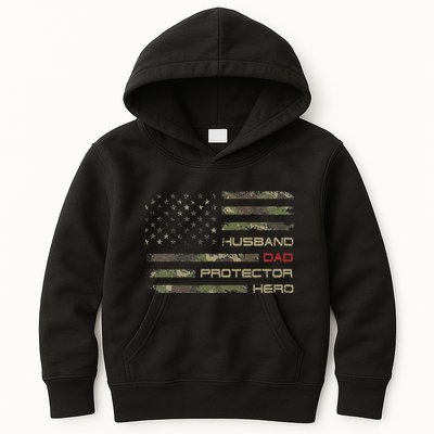 Camouflage American Flag Husband Dad Protector Hero Father Kids Hoodie