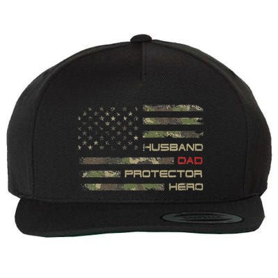 Camouflage American Flag Husband Dad Protector Hero Father Wool Snapback Cap