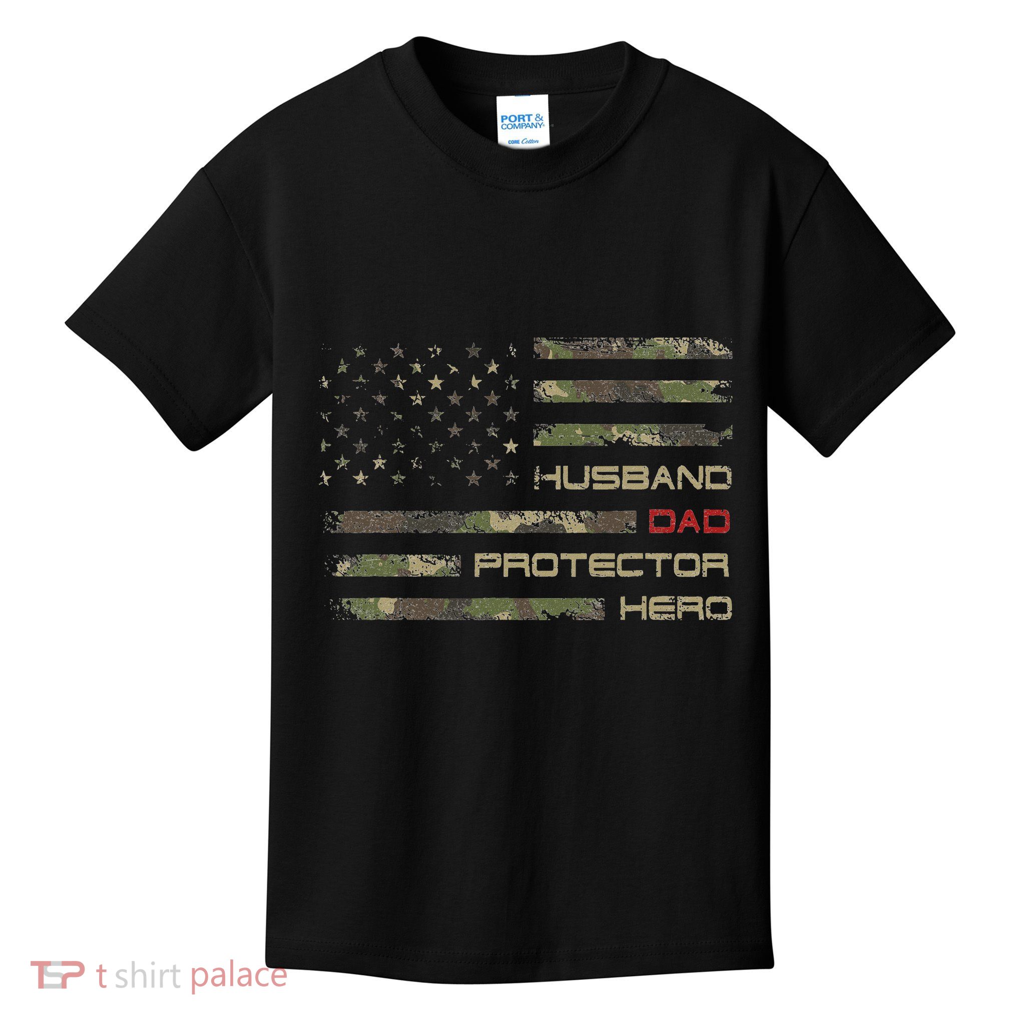 Camouflage American Flag Husband Dad Protector Hero Father Kids T-Shirt