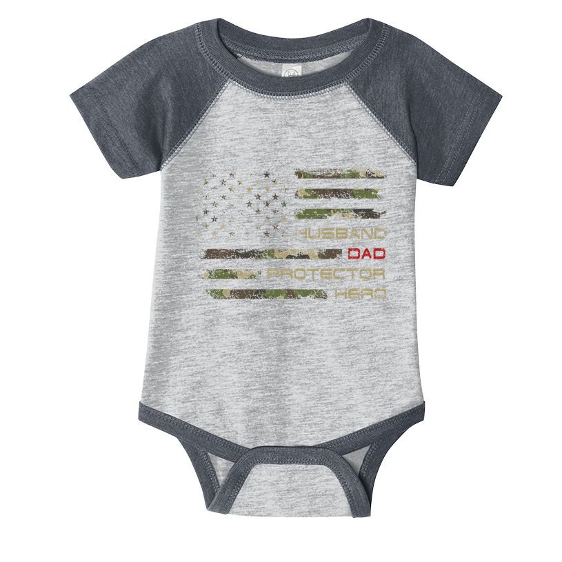 Camouflage American Flag Husband Dad Protector Hero Father Infant Baby Jersey Bodysuit