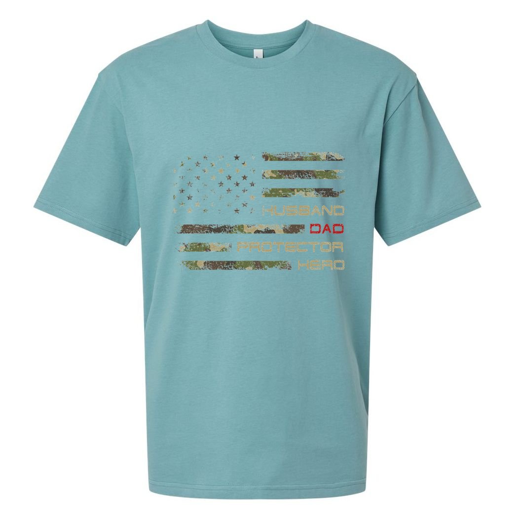 Camouflage American Flag Husband Dad Protector Hero Father Sueded Cloud Jersey T-Shirt