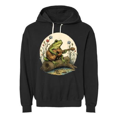 Cottagecore Aesthetic Frog Playing Banjo On Mushroom Garment-Dyed Fleece Hoodie