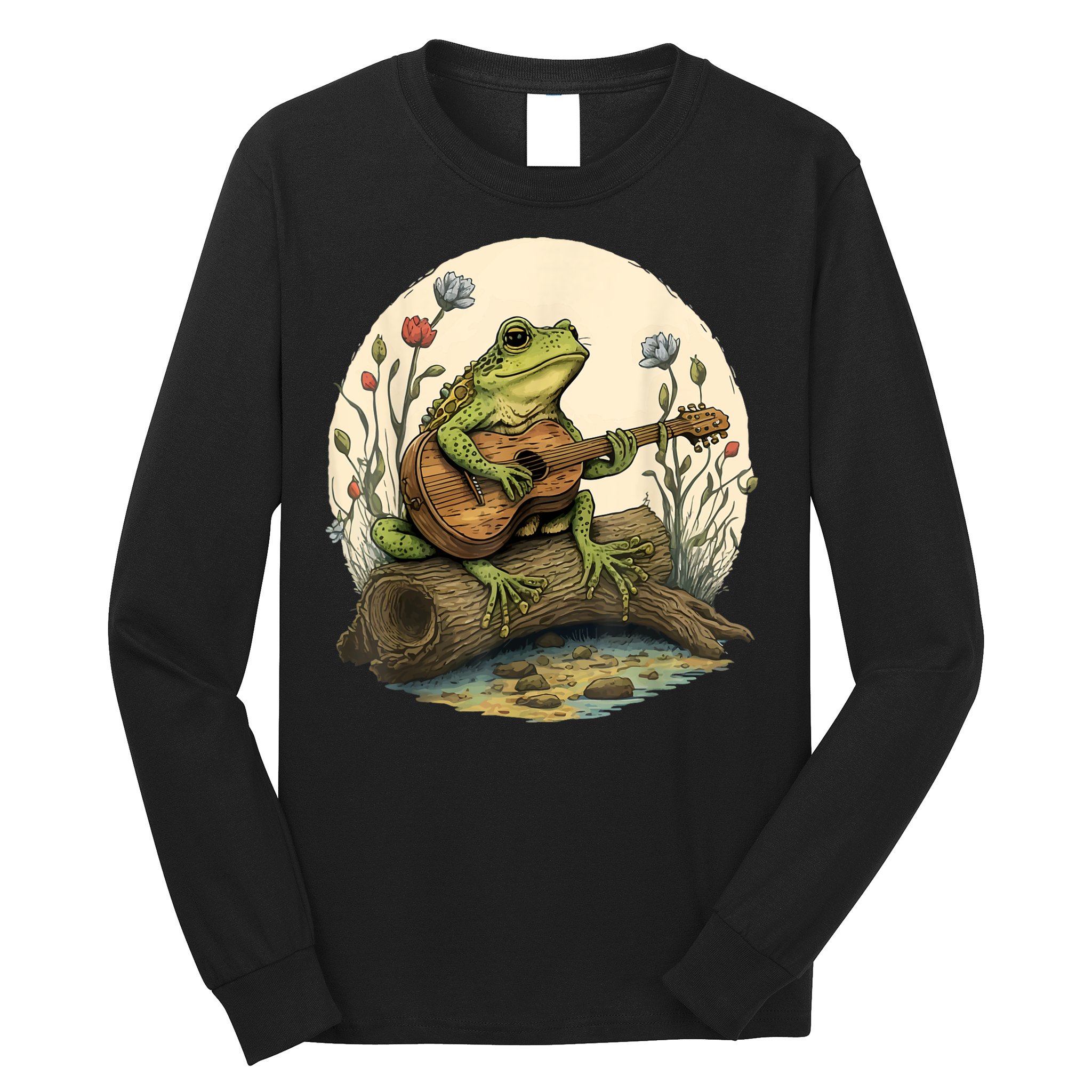 Cottagecore Aesthetic Frog Playing Banjo On Mushroom Long Sleeve Shirt