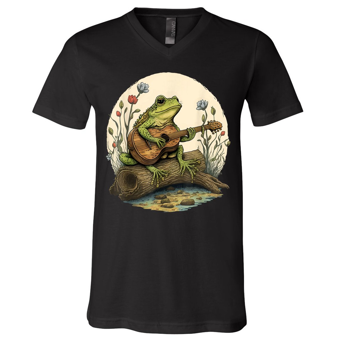 Cottagecore Aesthetic Frog Playing Banjo On Mushroom V-Neck T-Shirt