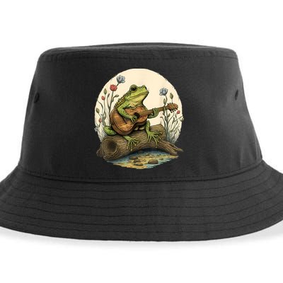 Cottagecore Aesthetic Frog Playing Banjo On Mushroom Sustainable Bucket Hat
