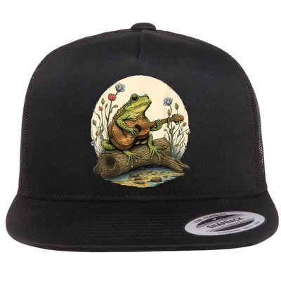 Cottagecore Aesthetic Frog Playing Banjo On Mushroom Flatbill Hat