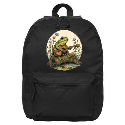 Cottagecore Aesthetic Frog Playing Banjo On Mushroom 16 in Basic Backpack