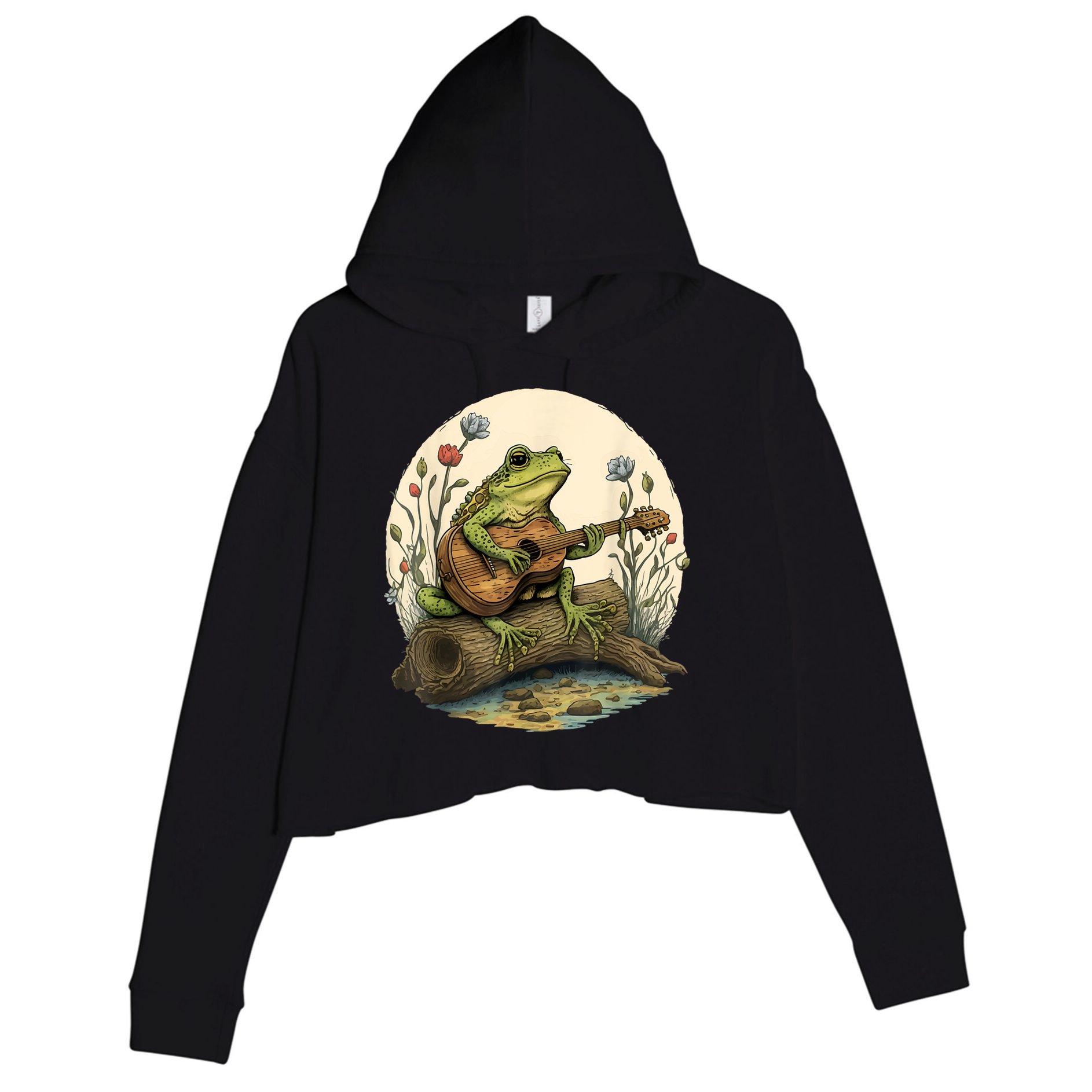 Cottagecore Aesthetic Frog Playing Banjo On Mushroom Crop Fleece Hoodie
