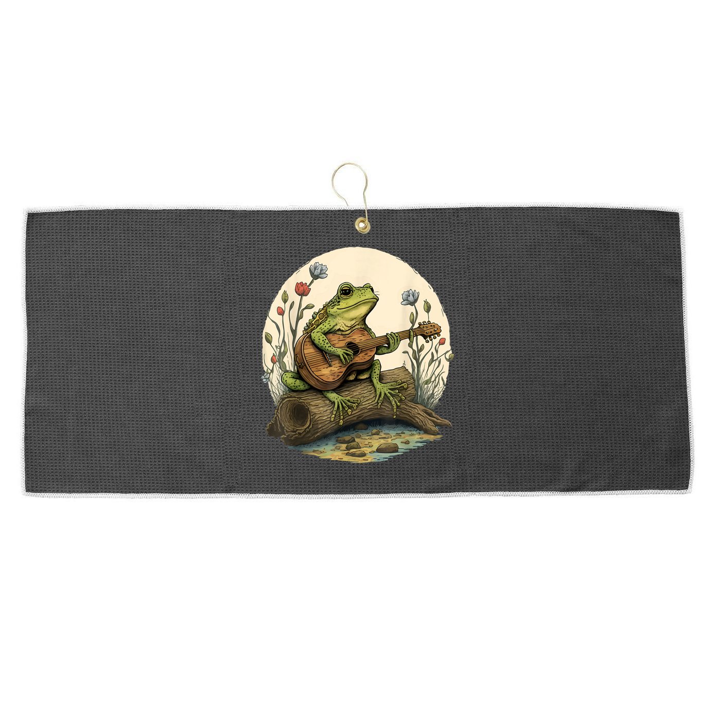 Cottagecore Aesthetic Frog Playing Banjo On Mushroom Large Microfiber Waffle Golf Towel