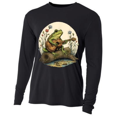 Cottagecore Aesthetic Frog Playing Banjo On Mushroom Cooling Performance Long Sleeve Crew
