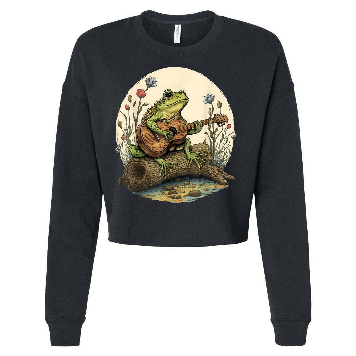 Cottagecore Aesthetic Frog Playing Banjo On Mushroom Cropped Pullover Crew