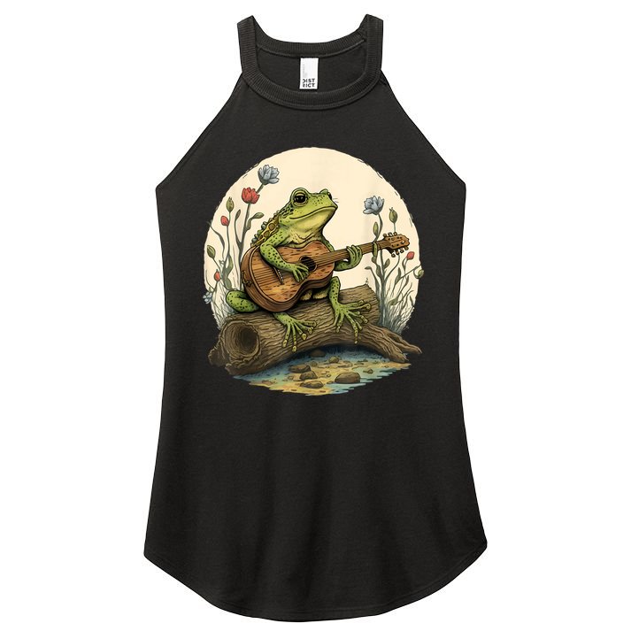 Cottagecore Aesthetic Frog Playing Banjo On Mushroom Women's Perfect Tri Rocker Tank
