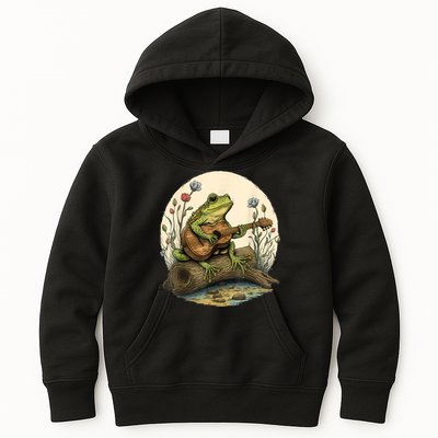 Cottagecore Aesthetic Frog Playing Banjo On Mushroom Kids Hoodie