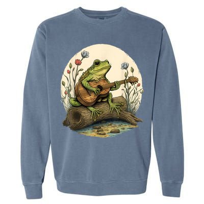 Cottagecore Aesthetic Frog Playing Banjo On Mushroom Garment-Dyed Sweatshirt