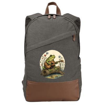 Cottagecore Aesthetic Frog Playing Banjo On Mushroom Cotton Canvas Backpack