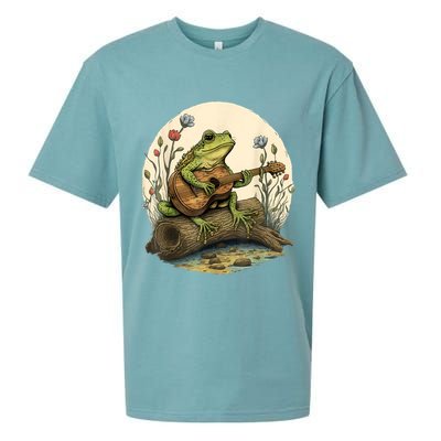 Cottagecore Aesthetic Frog Playing Banjo On Mushroom Sueded Cloud Jersey T-Shirt