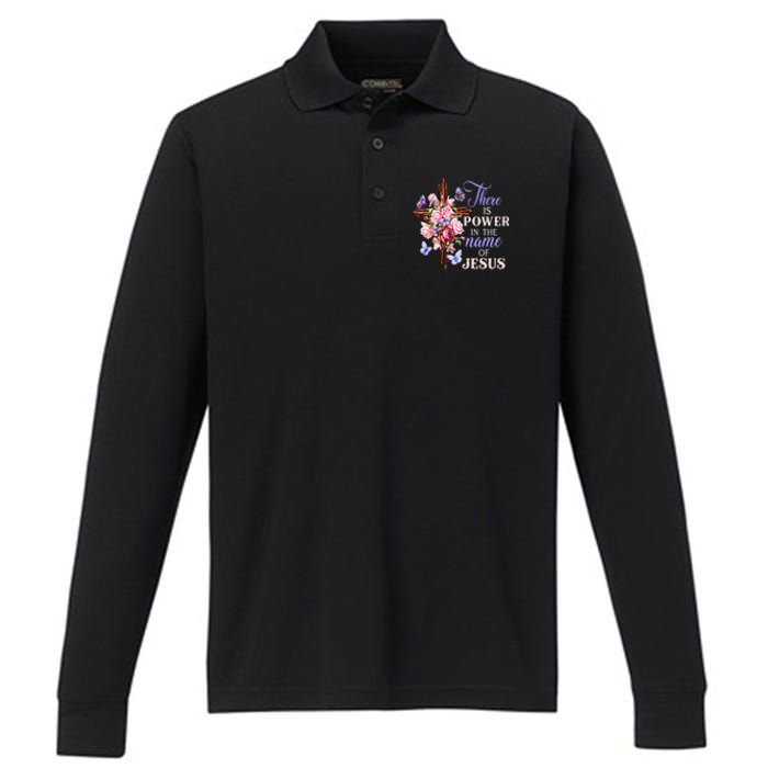 Cross And Flower There Is Power In The Name Of Jesus Christ Performance Long Sleeve Polo