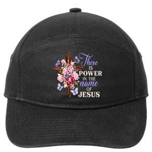 Cross And Flower There Is Power In The Name Of Jesus Christ 7-Panel Snapback Hat