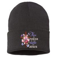 Cross And Flower There Is Power In The Name Of Jesus Christ Sustainable Knit Beanie