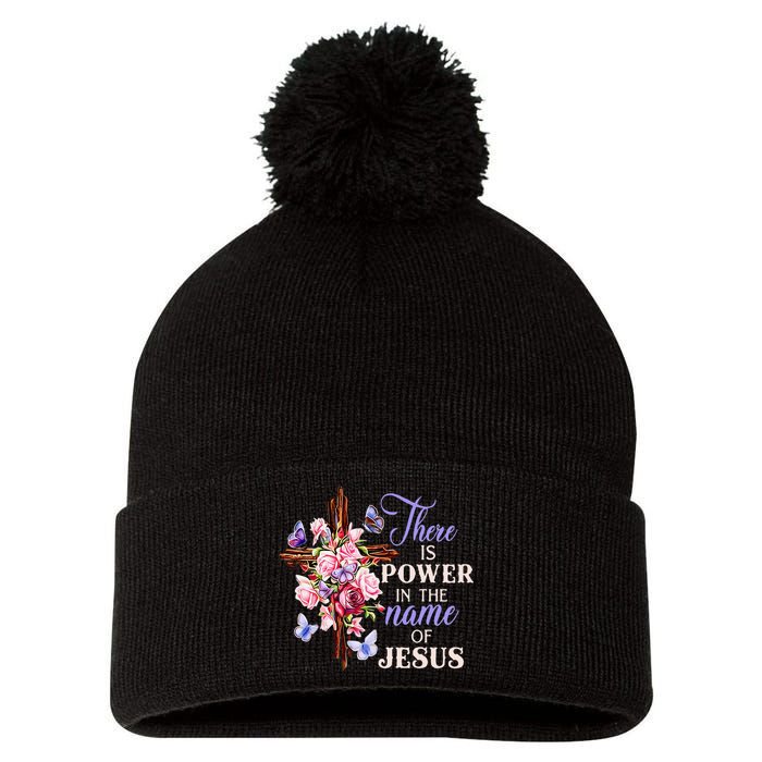 Cross And Flower There Is Power In The Name Of Jesus Christ Pom Pom 12in Knit Beanie