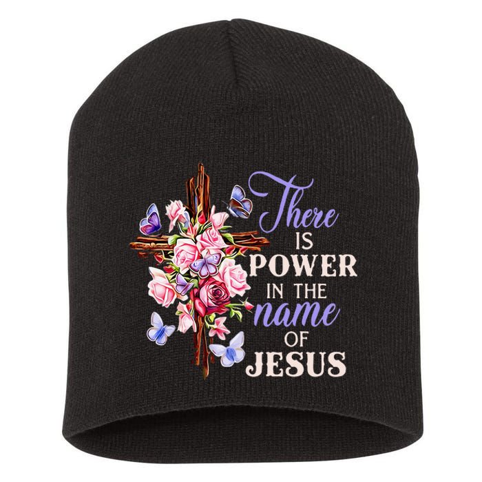 Cross And Flower There Is Power In The Name Of Jesus Christ Short Acrylic Beanie