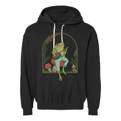 Cottagecore Aesthetic Frog Playing Banjo on Mushroom Cute Garment-Dyed Fleece Hoodie