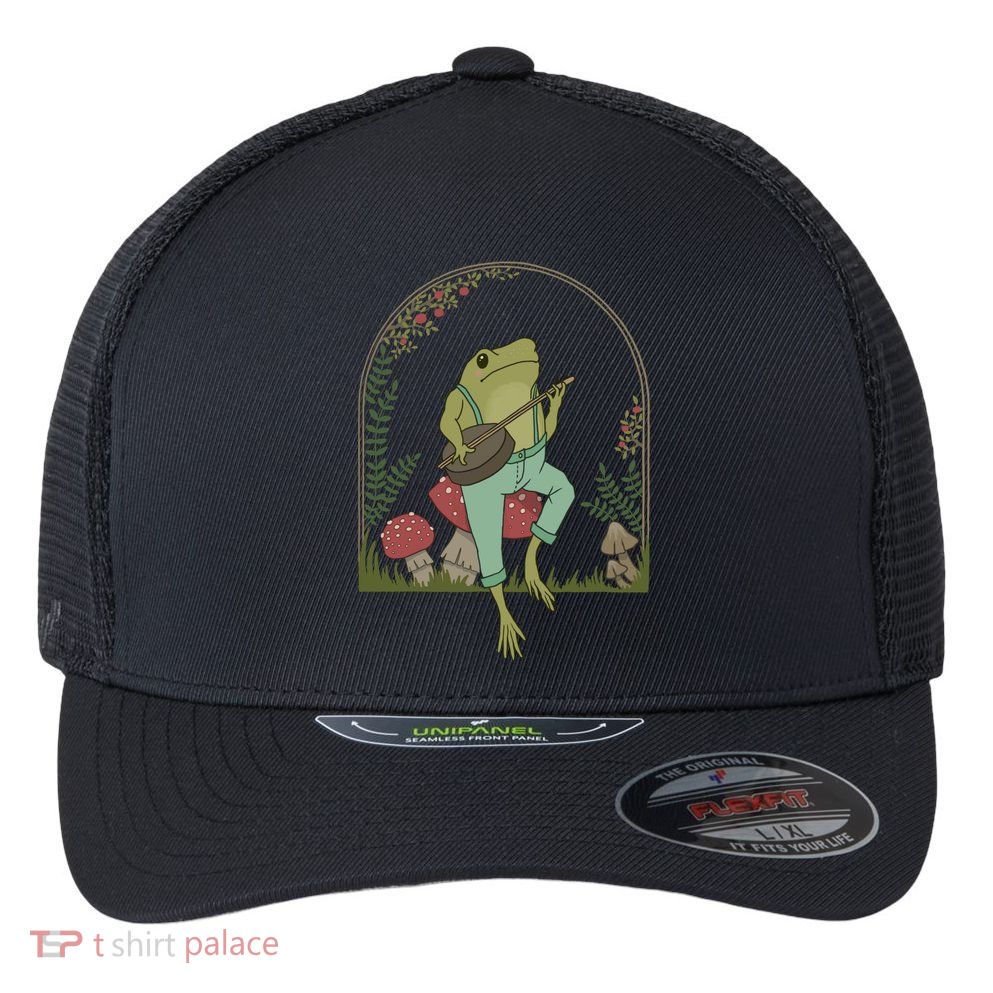 Cottagecore Aesthetic Frog Playing Banjo on Mushroom Cute Flexfit Unipanel Trucker Cap