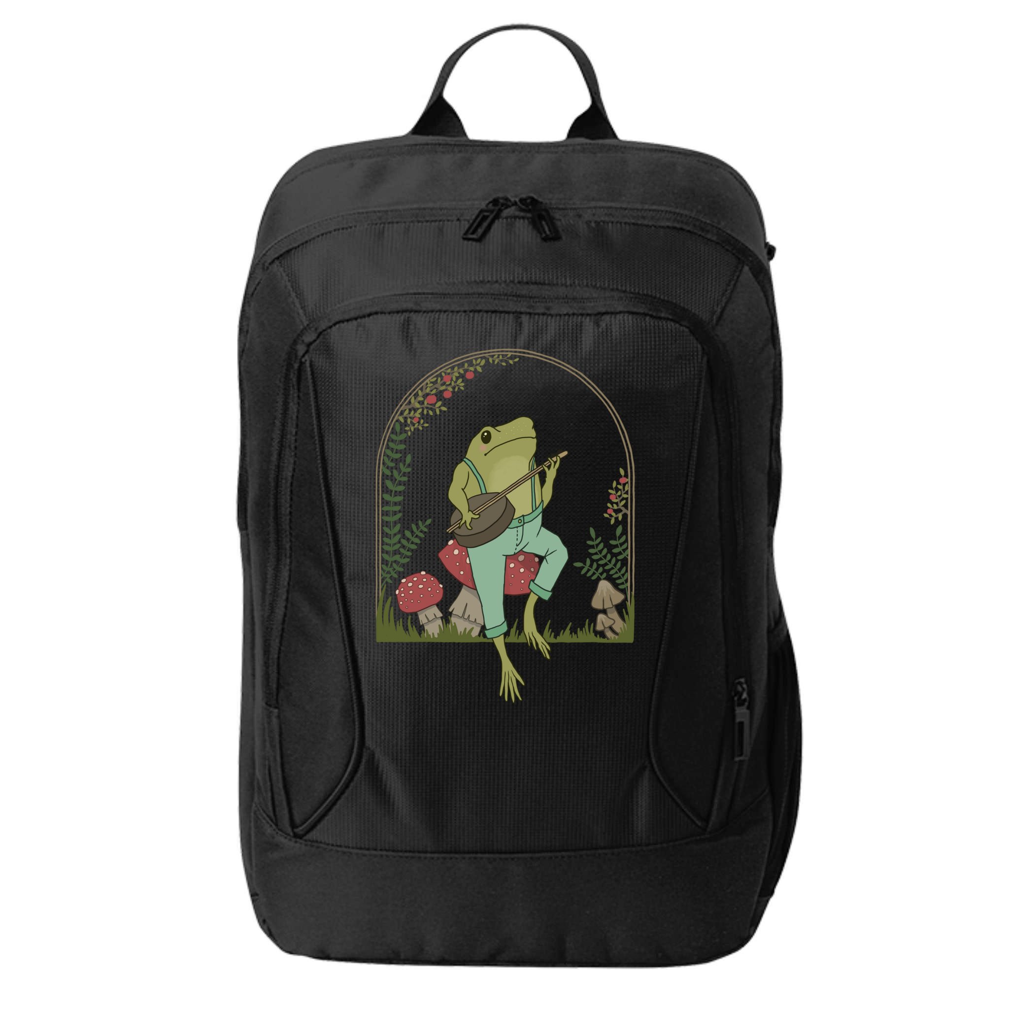 Cottagecore Aesthetic Frog Playing Banjo on Mushroom Cute City Backpack