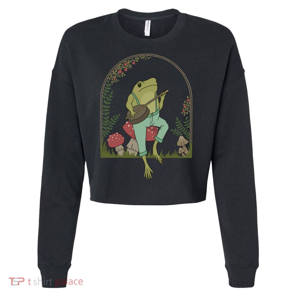 Cottagecore Aesthetic Frog Playing Banjo on Mushroom Cute Cropped Pullover Crew