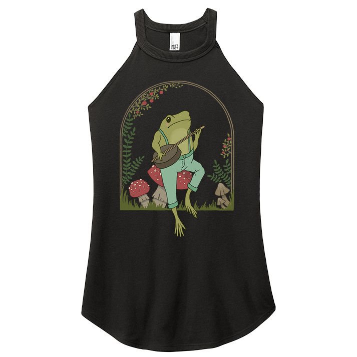 Cottagecore Aesthetic Frog Playing Banjo on Mushroom Cute Women's Perfect Tri Rocker Tank