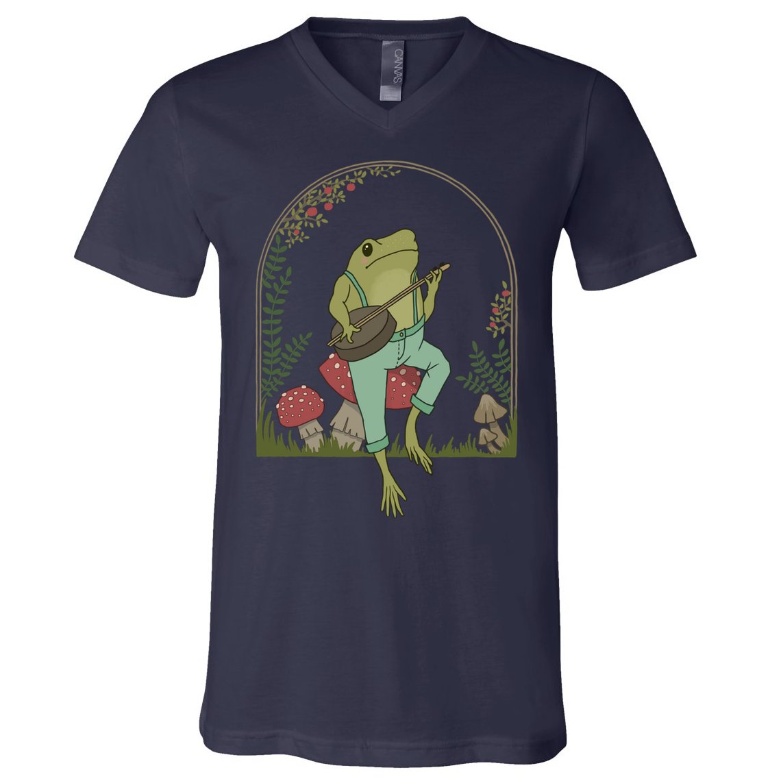 Cottagecore Aesthetic Frog Playing Banjo on Mushroom Cute V-Neck T-Shirt