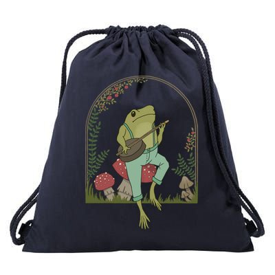 Cottagecore Aesthetic Frog Playing Banjo on Mushroom Cute Drawstring Bag