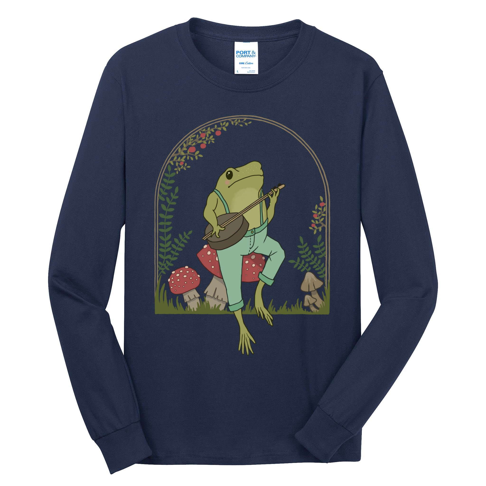 Cottagecore Aesthetic Frog Playing Banjo on Mushroom Cute Tall Long Sleeve T-Shirt