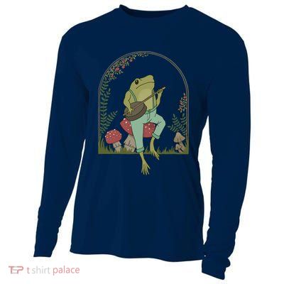 Cottagecore Aesthetic Frog Playing Banjo on Mushroom Cute Cooling Performance Long Sleeve Crew
