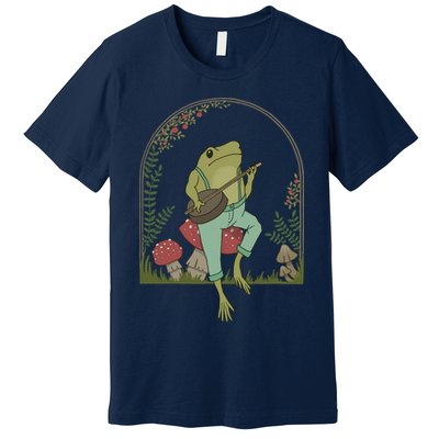 Cottagecore Aesthetic Frog Playing Banjo on Mushroom Cute Premium T-Shirt