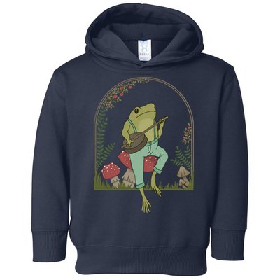 Cottagecore Aesthetic Frog Playing Banjo on Mushroom Cute Toddler Hoodie