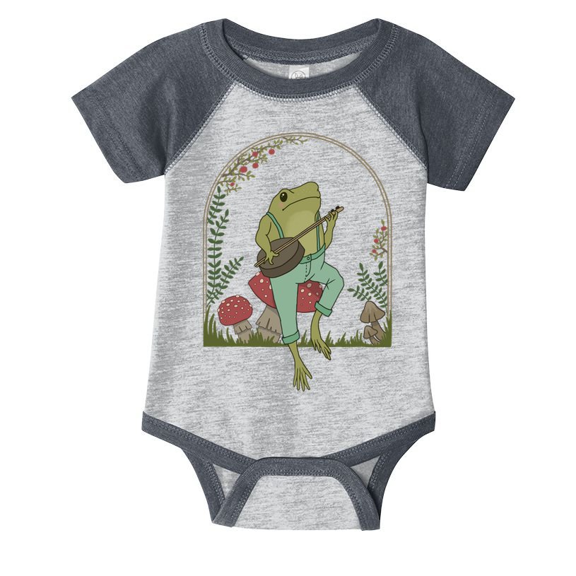 Cottagecore Aesthetic Frog Playing Banjo on Mushroom Cute Infant Baby Jersey Bodysuit