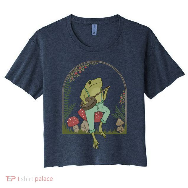 Cottagecore Aesthetic Frog Playing Banjo on Mushroom Cute Crop Top