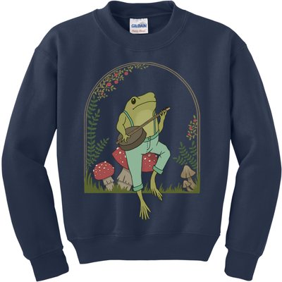 Cottagecore Aesthetic Frog Playing Banjo on Mushroom Cute Kids Sweatshirt