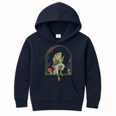 Cottagecore Aesthetic Frog Playing Banjo on Mushroom Cute Kids Hoodie